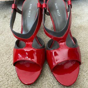 Red & Grey Open Toe Heels